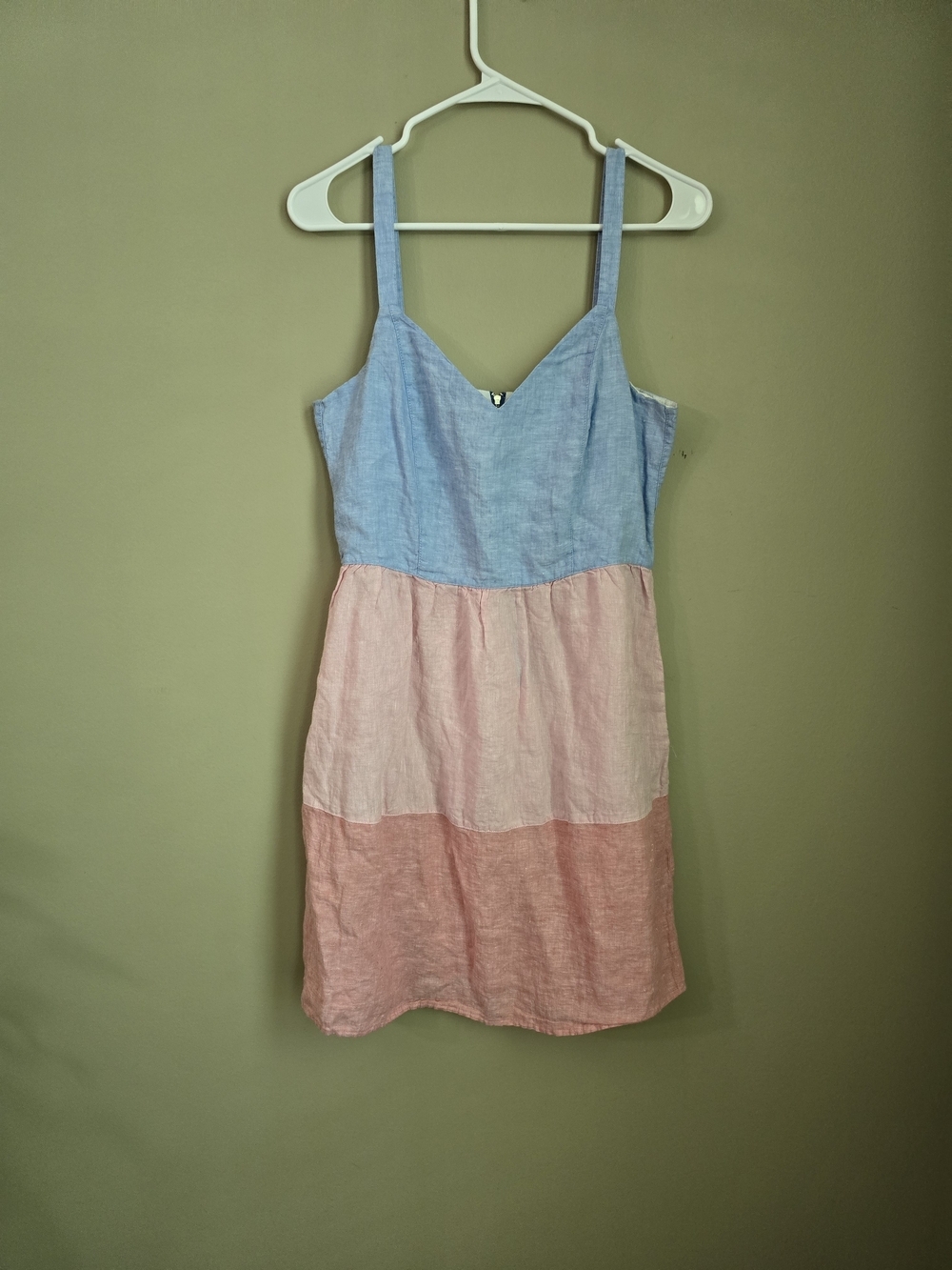 Cynthia Blue Pink 100% Linen Fabric Sun Dress Women Size M